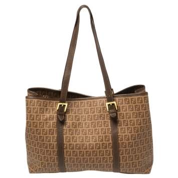 Pre Owned Fendi Brown Zuccachino Coated Canvas and Leather Trim Shopper Tote