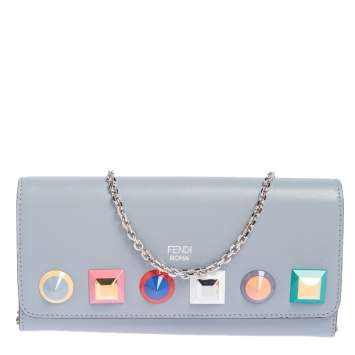 Pre Owned Fendi Stone Blue Leather Studded Flap Wallet On Chain