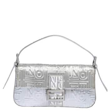 Pre Owned Fendi Silver Logo Embossed Fabric Baguette