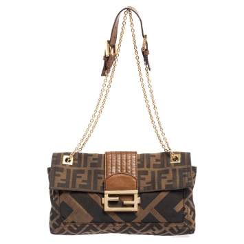 Pre Owned Fendi Brown Zucca Canvas and Leather Chain Shoulder Bag