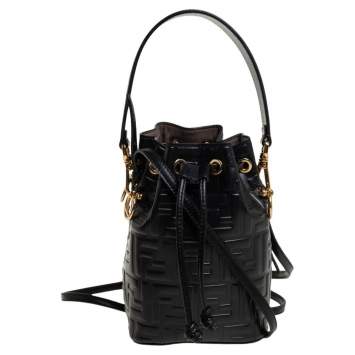 Pre Owned Fendi Black Zucca Leather Mini Mon Tresor Drawstring Bucket Bag