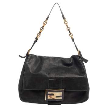 Pre Owned Fendi Black Iridescent Leather Mama Forever Large Flap Shoulder Bag