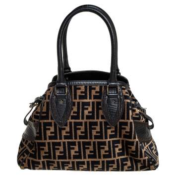 Pre Owned Fendi Black/Beige Zucca Velvet and Leather Small Chef De Jour Bag