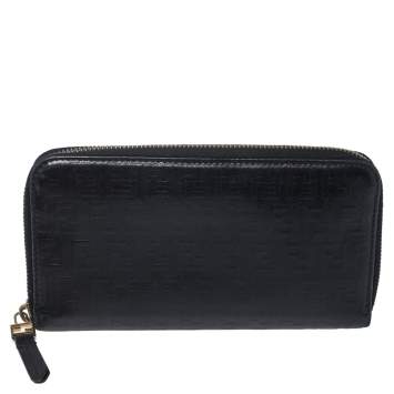 Pre Owned Fendi Black Zucchino Embossed Leather Zip Around Wallet 