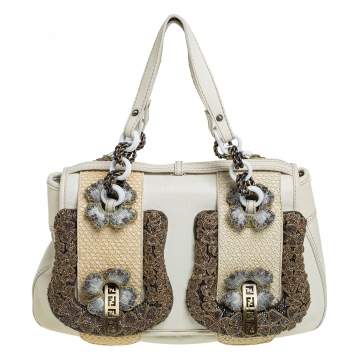 Pre Owned Fendi White Leather Beads Embellished B Shoulder Bag