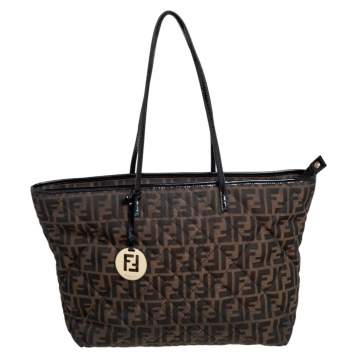 Pre Owned Fendi Brown/Black Zucca Quilted Canvas and Patent Leather Large Roll Tote