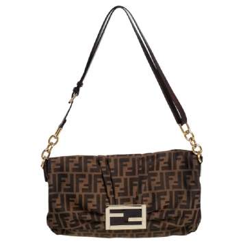 Pre Owned Fendi Tobacco Zucca Canvas and Patent Leather Mia Flap Bag