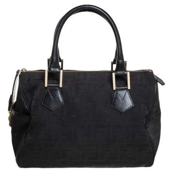 Pre Owned Fendi Black Zucca Canvas and Leather Medium Chef Boston Bag
