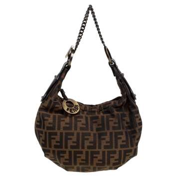 Pre Owned Fendi Tobacco Zucca Canvas and Patent Leather Chef Chain Link Hobo