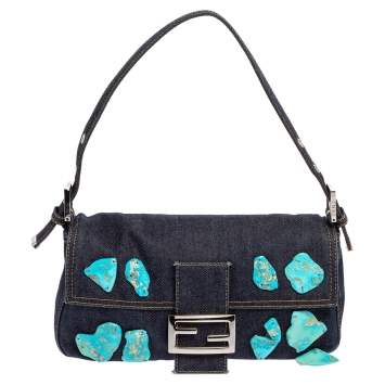 Pre Owned Fendi Navy Blue Denim Stone Embellished Baguette Flap Bag