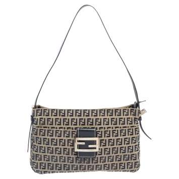 Pre Owned Fendi Navy Blue/Grey Zuchinno Canvas and Leather FF Zip Shoulder Bag