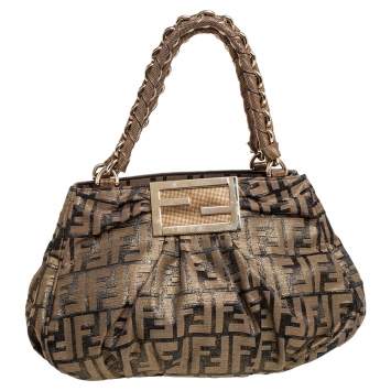 Pre Owned Fendi Metallic Gold/Tobacco Zucca Fabric Small Mia Tote