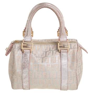 Pre Owned Fendi Beige/Pink Zucchino Shimmer Canvas Mini Forever Bauletto Bag