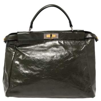 Pre Owned Fendi Dark Grey Crinkled Patent Leather Large Peekaboo Top Handle Bag