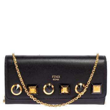 Pre Owned Fendi Black Leather Studded Wallet On Chain
