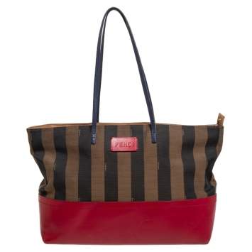 Pre Owned Fendi Red/Tobacco Pequin Striped Canvas and Leather Roll Tote