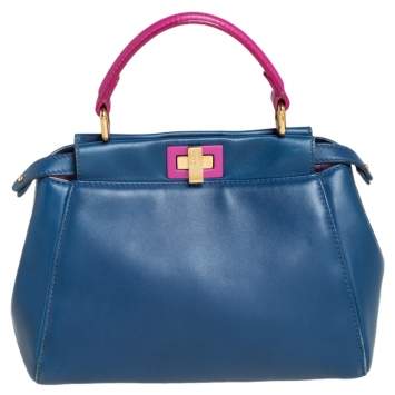 Pre Owned Fendi Blue/Pink Leather Mini Peekaboo Top Handle Bag
