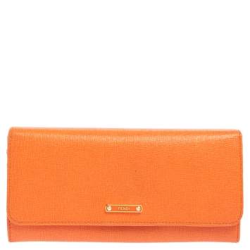 Pre Owned Fendi Orange Leather Flap Continental Wallet
