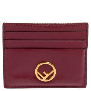 Pre Owned Fendi Burgundy Leather F Logo Card Holder