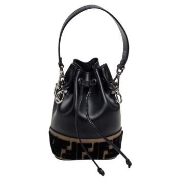 Pre Owned Fendi Black/Brown Zucca Velvet and Leather Mini Mon Tresor Drawstring Bucket Bag