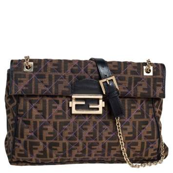 Pre Owned Fendi Tobacco Quilted Zucca Canvas and Leather Maxi Baguette Flap Shoulder Bag