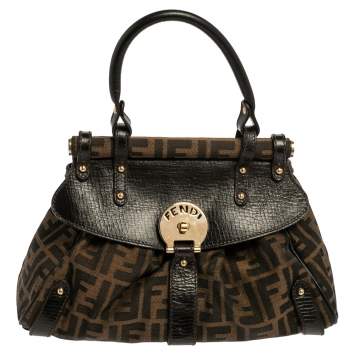 Pre Owned Fendi Tobacco Zucca Canvas And Leather Small Magic Top Handle Bag