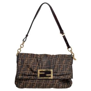 Pre Owned Fendi Tobacco Zuccca Canvas Mia Flap Shoulder Bag
