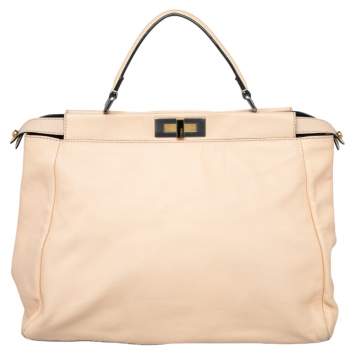 Pre Owned Fendi Beige/Black Leather Beads Lining Large Peekaboo Top Handle Bag
