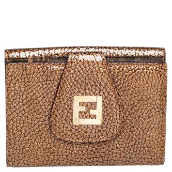 Pre Owned Fendi Gold Textured Leather FF Logo Compact Wallet