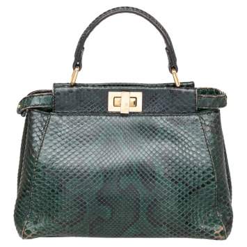 Pre Owned Fendi Green/Black Python Mini Peekaboo Top Handle Bag