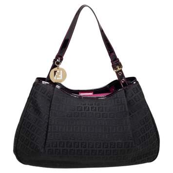 Pre Owned Fendi Black Zucchino Print Canvas and Patent Leather Shopper Tote 
