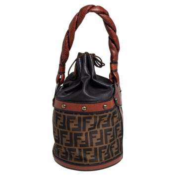 Pre Owned Fendi Brown/Tan Zucca Canvas And Leather Palazzo Drawstring Bucket Bag
