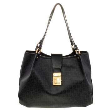 Pre Owned Fendi Black Zucchino Coated Canvas and Leather Chiusura Tote