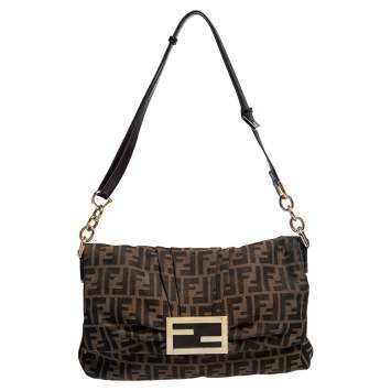 Pre Owned Fendi Tobacco Zucca Canvas and Patent Leather Mia Flap Shoulder Bag