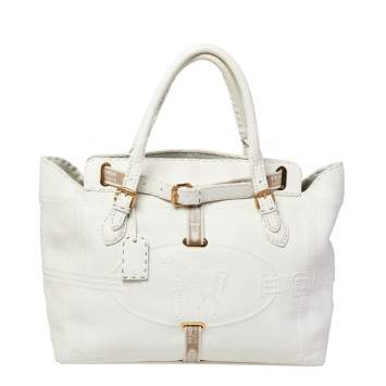 Pre Owned Fendi White Leather Villa Selleria Borghese Tote 