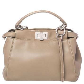Pre Owned Fendi Beige Leather Mini Peekaboo Top Handle Bag