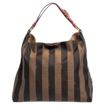 Pre Owned Fendi Tobacco/Red Canvas and Leather Large Pequin Striped Hobo