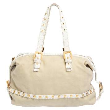 Pre Owned Fendi Beige/White Canvas and Leather Selleria Studded Satchel