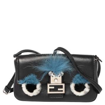 Pre Owned Fendi Black Leather and Fur Micro Monster Shoulder Bag