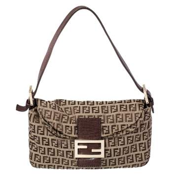 Pre Owned Fendi Beige/Brown Zucchino Canvas and Leather Mama Baguette Bag
