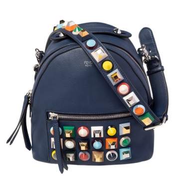 Pre Owned Fendi Blue Leather Pyramid Studded Backpack Style Shoulder Bag