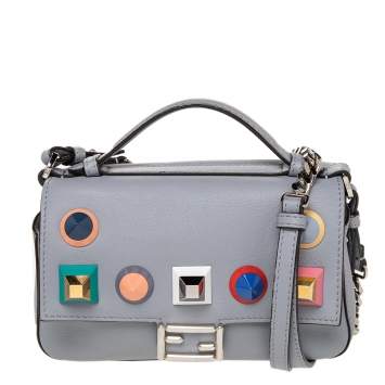 Pre Owned Fendi Grey Leather Micro Studded Double Baguette Shoulder Bag