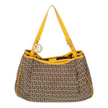 Pre Owned Fendi Beige/Yellow Zucca Canvas And Leather Shoulder Bag