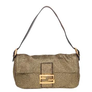 Pre Owned Fendi Metallic Gold Brocade Fabric Baguette Bag