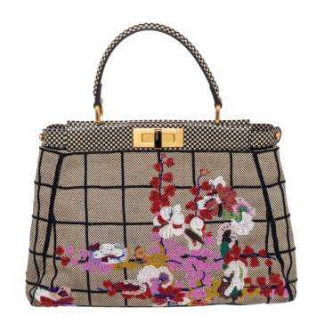 Pre Owned Fendi Multicolor Canvas And Leather Embroidered Peekaboo Top Handle Bag