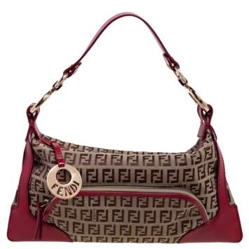 Pre Owned Fendi Red/Brown Zucchino Print Canvas and Leather Small Chef Bag