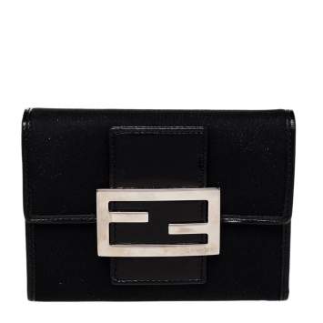 Pre Owned Fendi Black Leather And Canvas FF Flap Compact Wallet