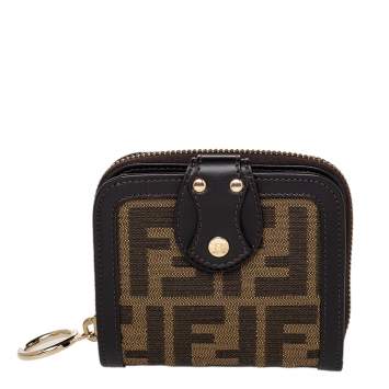 Pre Owned Fendi Tobacco Zucca Canvas and Leather Compact Zip Wallet