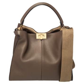 Pre Owned Fendi Brown Leather Peekaboo X-Lite Top Handle Bag
