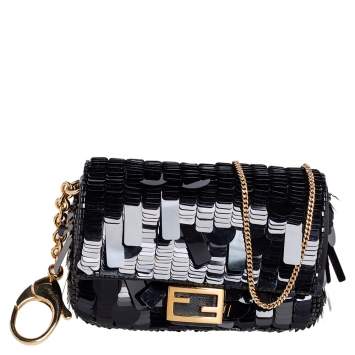 Pre Owned Fendi Black Sequin Nano Baguette Crossbody Bag